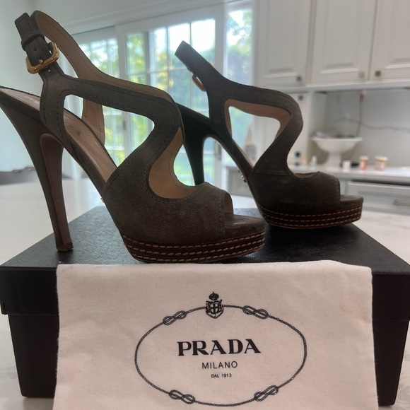 PRADA CALCUTURA GREY SUEDE PLATFORM SLINGBACK SIZE EU 37.5 US 7.5 - Picture 3 of 13